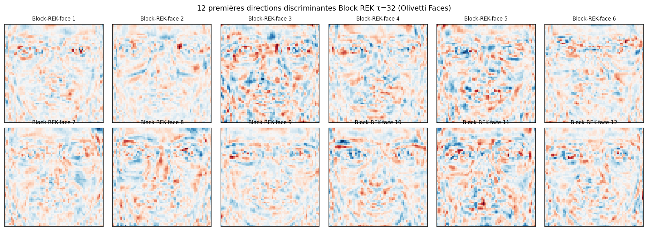 12 premières directions discriminantes Block REK τ=32 sur Olivetti Faces