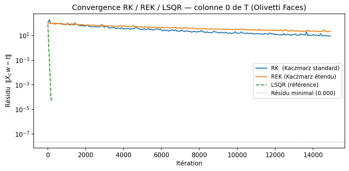 Courbes de convergence RK, REK et LSQR sur Olivetti Faces